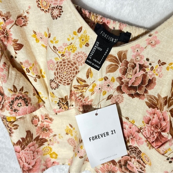 FOREVER 21 Floral Linen Blend Crop Top | Cream Pink | Size L | NWT - Picture 9 of 10